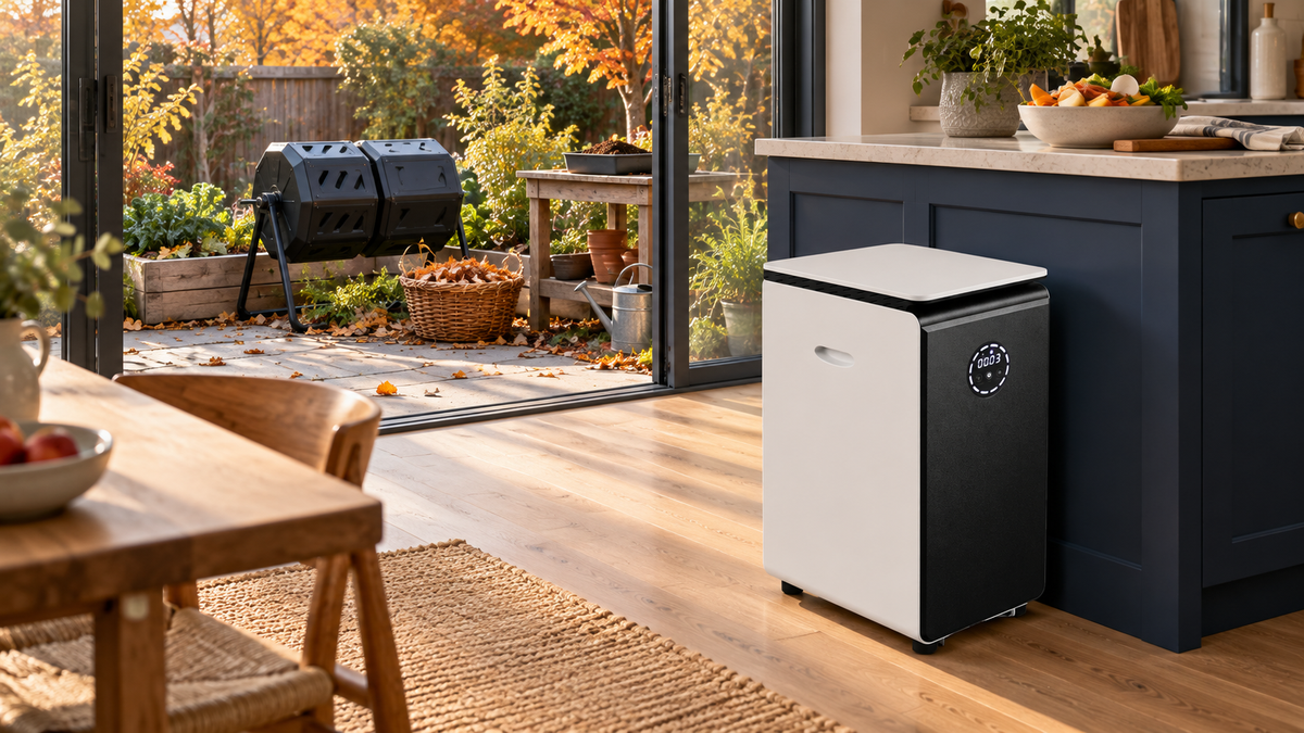 GEME Pro standing on the kitchen floor with a dual-chamber compost tumbler and autumn leaves outside