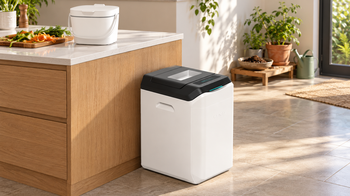An OXO caddy collects food scraps. GEME Terra 2 provides the real microbial composting step indoors.