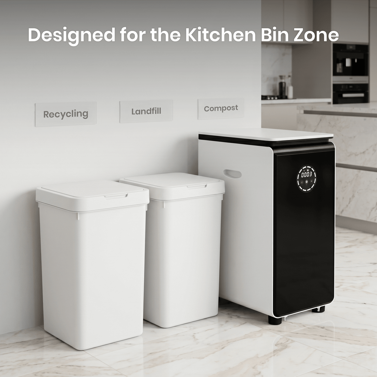 Two kitchen bins labeled 'Recycling', 'Landfill', and a GEME Composter Pro labeled 'Compost' in a kitchen setting.
