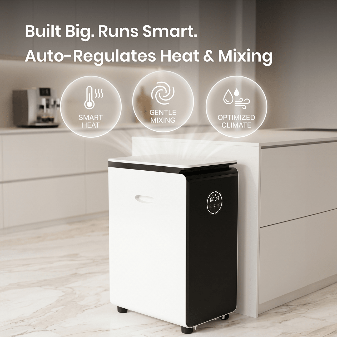 GEME Pro Kitchen Composter with features highlighted on a kitchen background