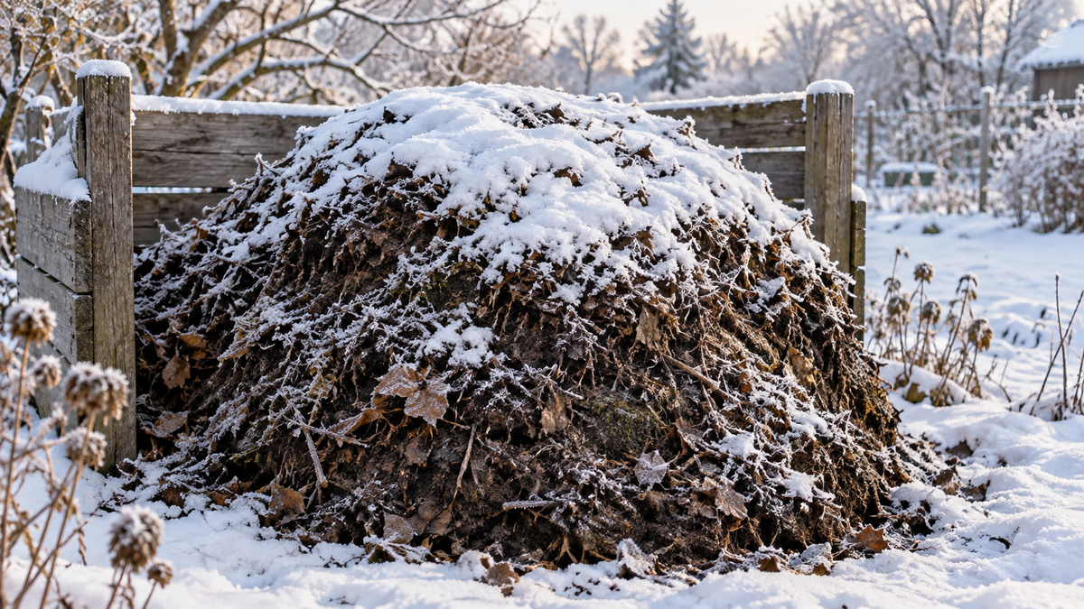 An outdoor compost pile covered with snow in winter