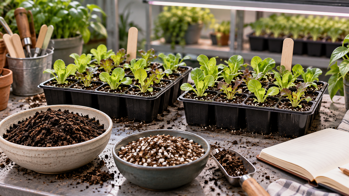 Two seedling trays under grow lights beside separate bowls of Compost Base and propagation medium