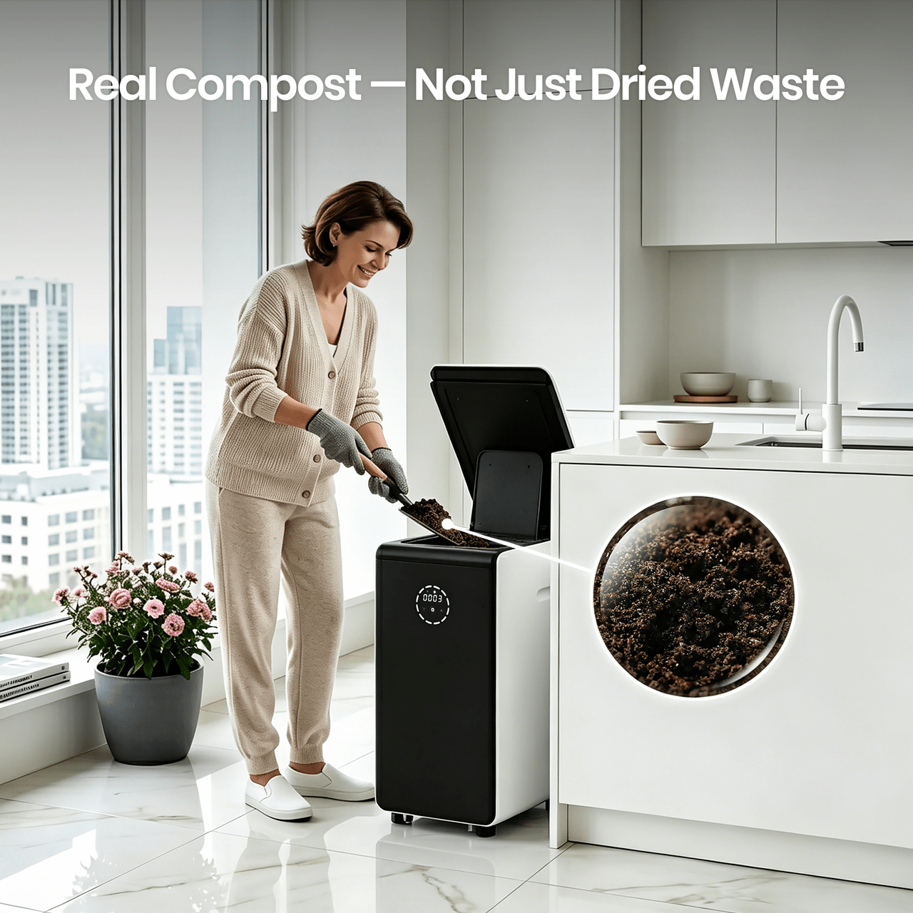 Woman using GEME Composter Pro in a modern kitchen with a cityscape view.