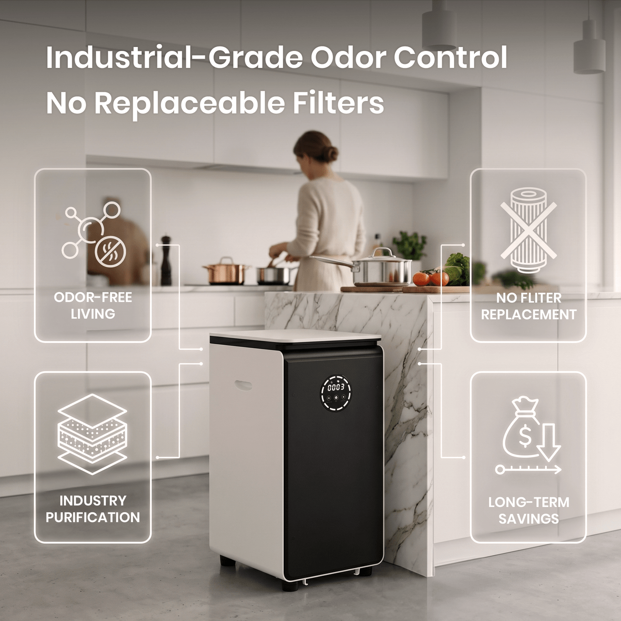 GEME Composter Pro in a kitchen with text highlighting odor control features