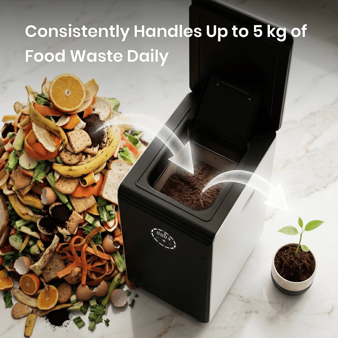 GEME Composter Pro with food waste and a plant growing, text indicating daily capacity.
